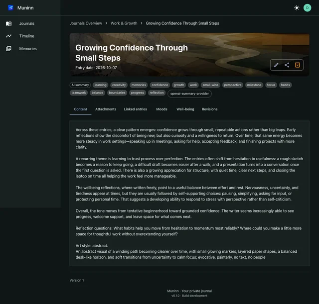 An AI summary entry titled Growing Confidence Through Small Steps, with reflection text and linked-entry tabs.