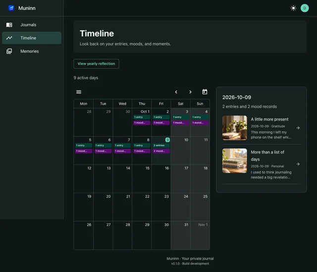 October timeline calendar showing entry and mood counts alongside the selected day’s entries.