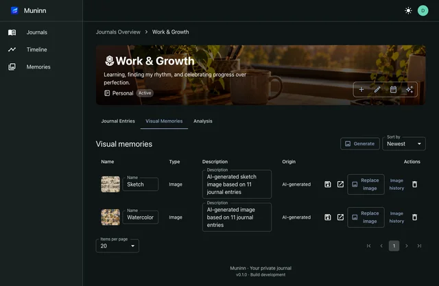 Visual memories in Work & Growth with sketch and watercolor images and image history controls.